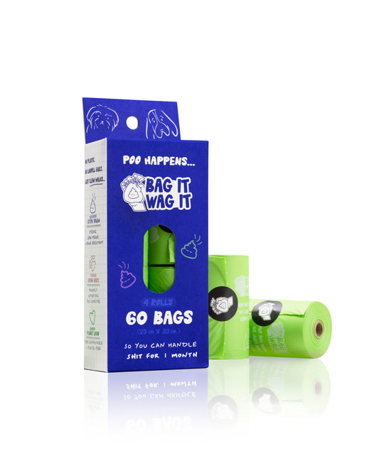 Zero-Plastic & Compostable Dog Poop Bags (60 Bags | 4 Rolls of 15 Bags)