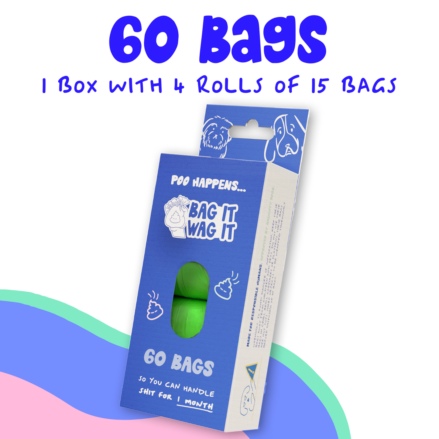 Compostable Dog Poo Bags (60 Bags | 4 Rolls of 15 Bags)